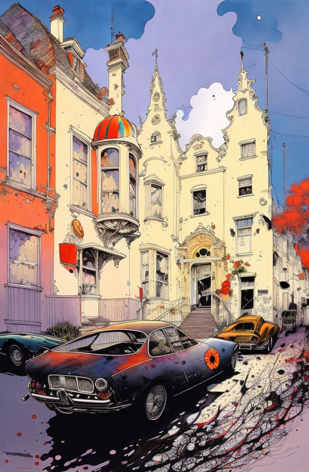 Colorful Ornate Building and Vintage Cars Illustration in Surreal Setting