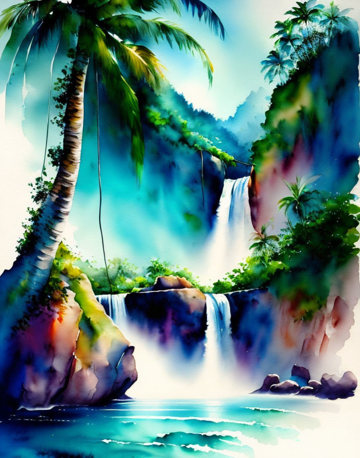 Tropical waterfall painting with palm trees and mountain landscape