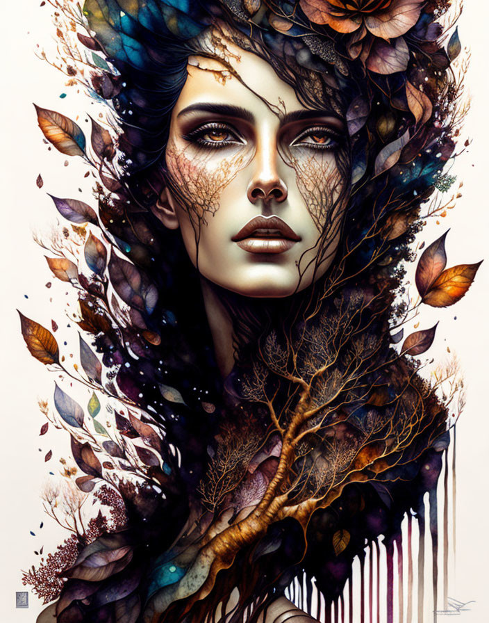 Surreal portrait of woman with nature elements intertwined