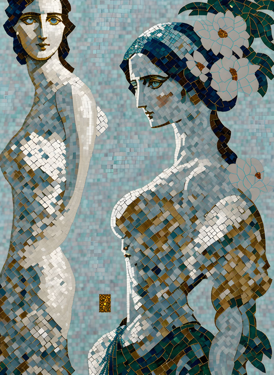 Mosaic-style digital artwork of two women in blue with floral details