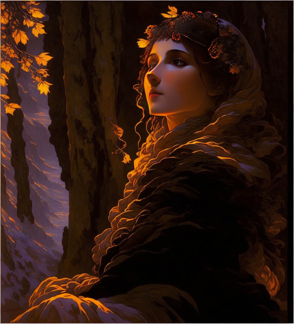 Woman in fur cloak under tree with decorative headpiece at twilight