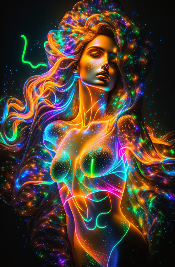 Colorful digital artwork: Woman with flowing hair and glowing body in cosmic neon hues.