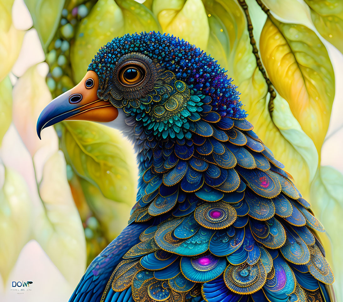 Vibrant bird illustration with intricate feather patterns in blues, greens, and hints of purple