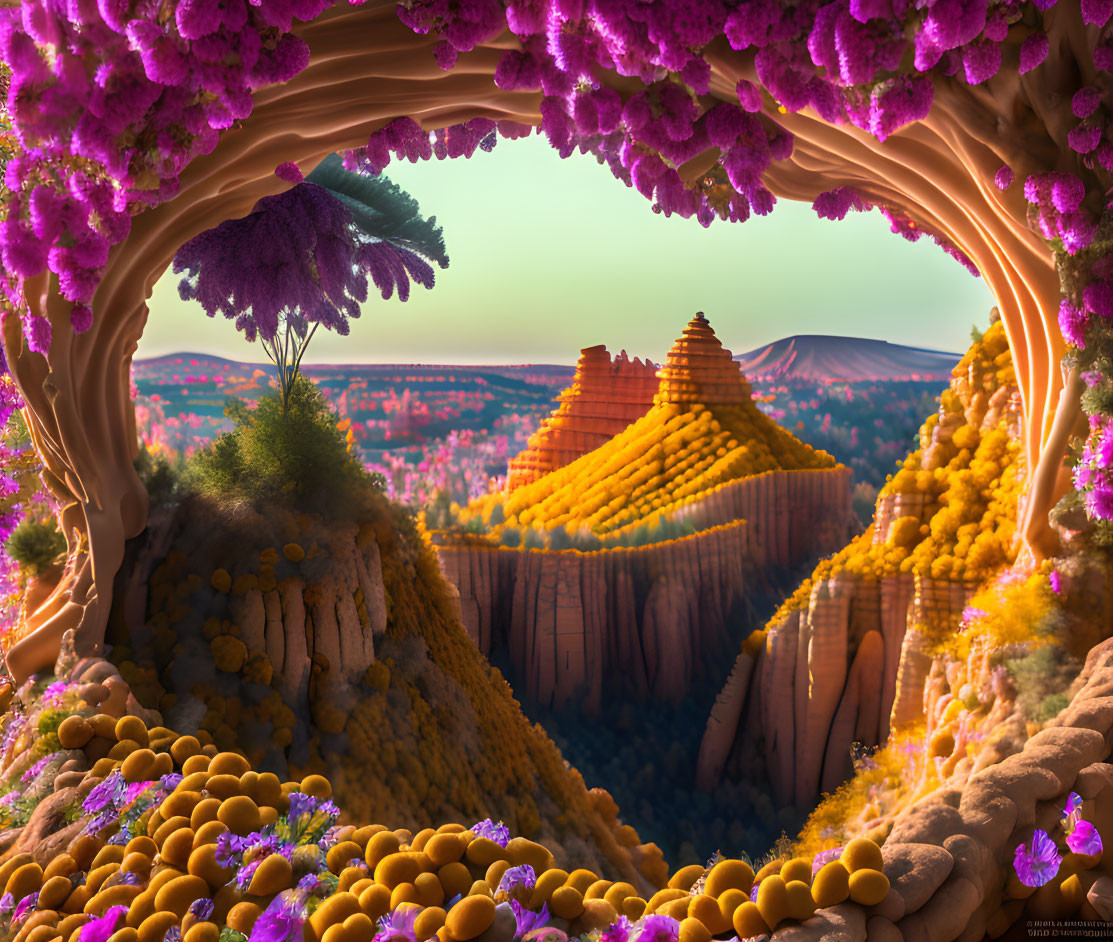 Surreal landscape with purple foliage and golden rock formations