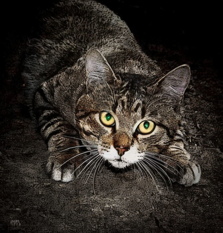 Tabby cat with green eyes and whiskers in close-up view