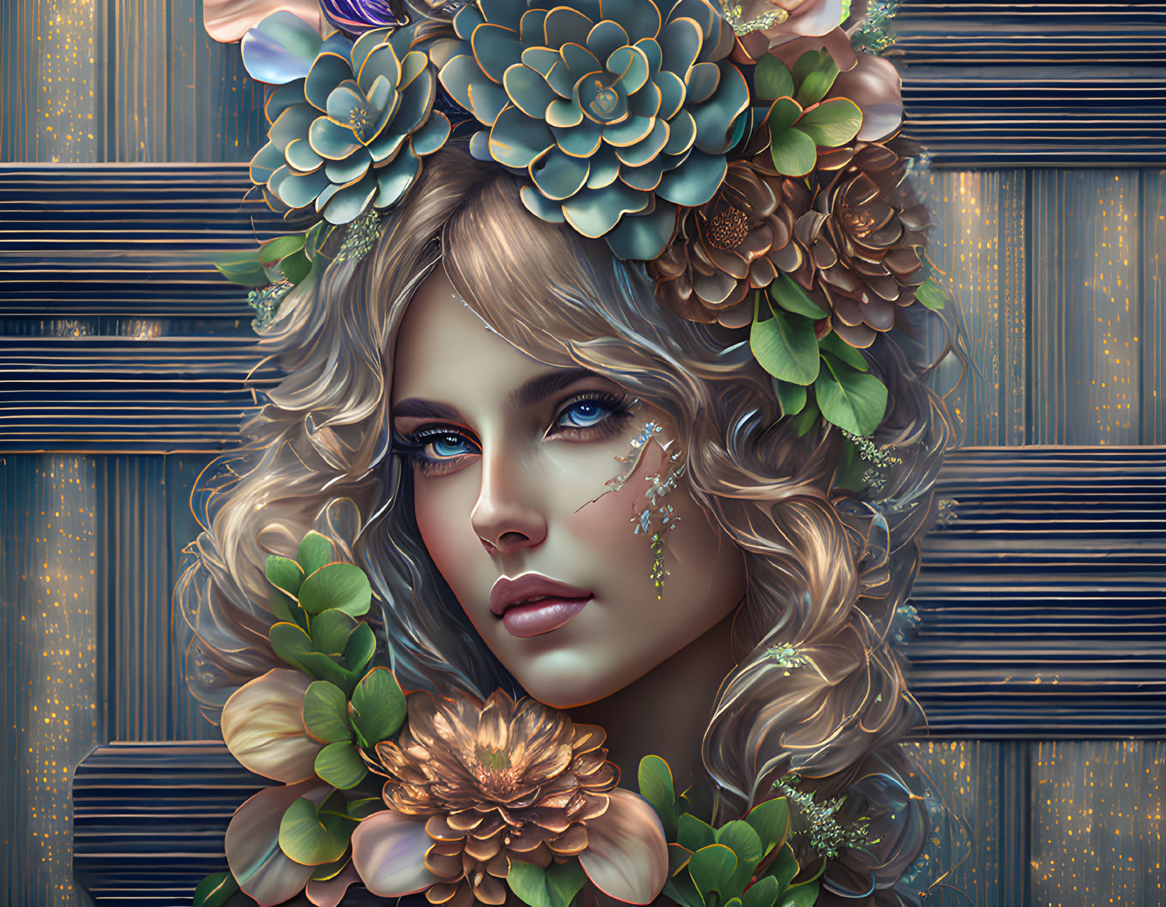 Digital artwork: Woman with floral hair embellishments on blue background