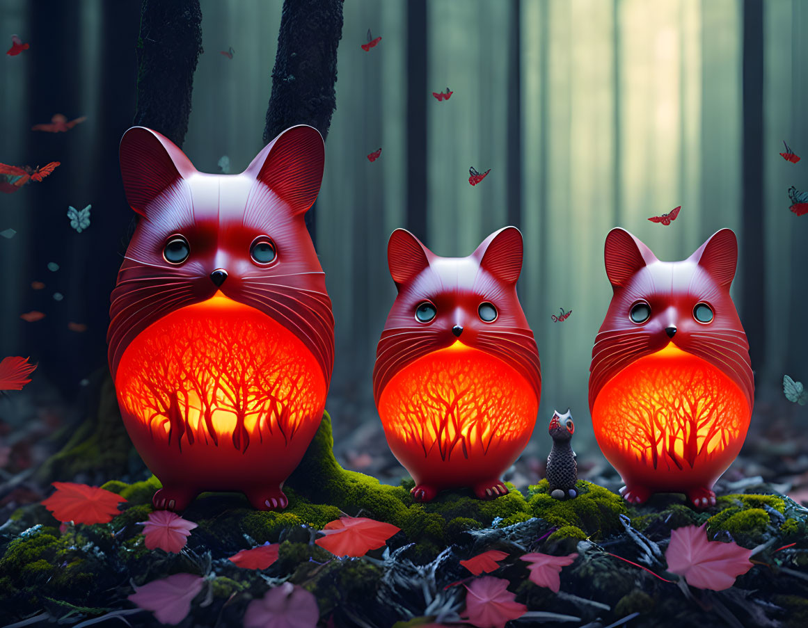 Illuminated cat lanterns in mystical forest with butterflies