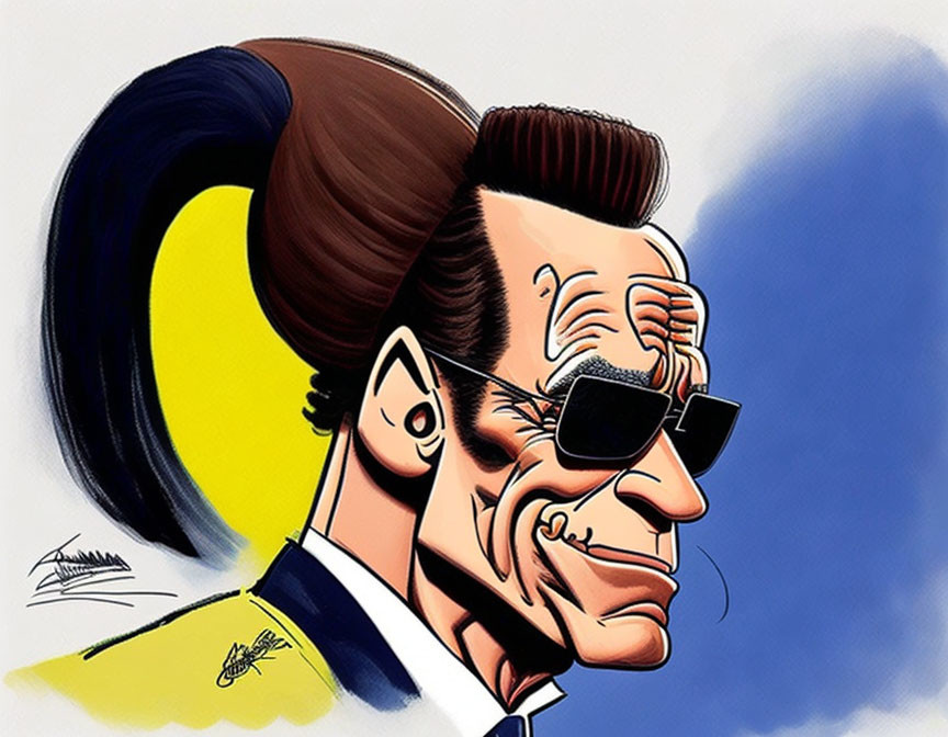 Man with prominent chin and sunglasses in caricature style on yellow and blue background