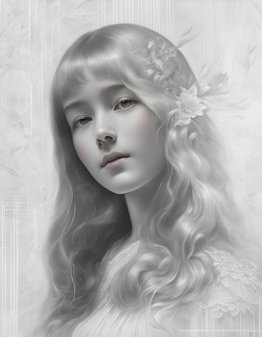 Monochromatic image of young woman with flowing hair and flowers against intricate background