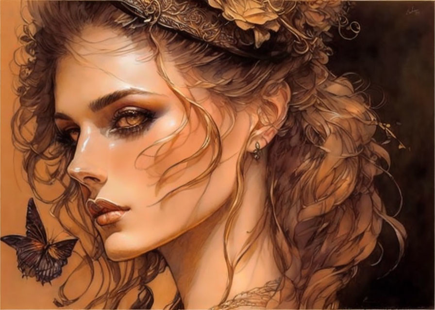 Curly-Haired Woman with Crown and Butterfly in Warm-Toned Artwork