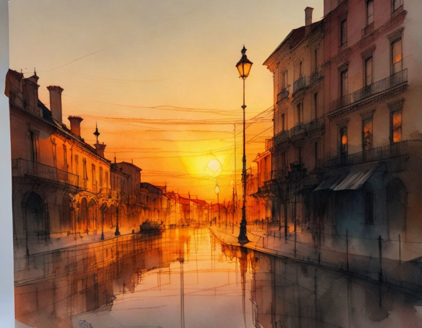 Serene watercolor street scene with sunset hues and reflections.