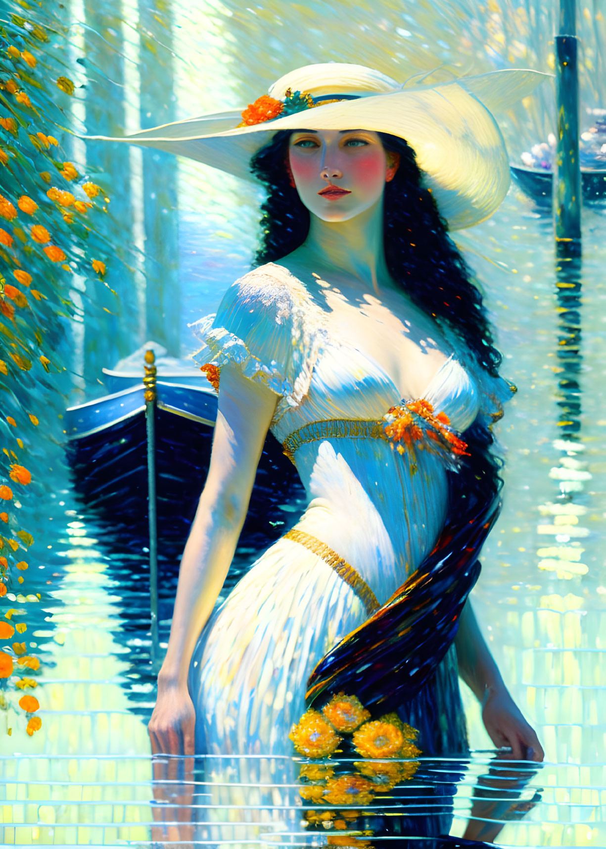 Woman in White and Blue Dress with Wide-Brimmed Hat Beside Water and Orange Flowers