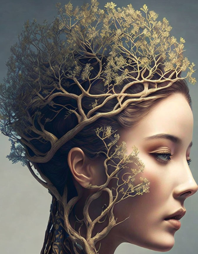 Surreal portrait: Woman's profile merges with tree branches and foliage