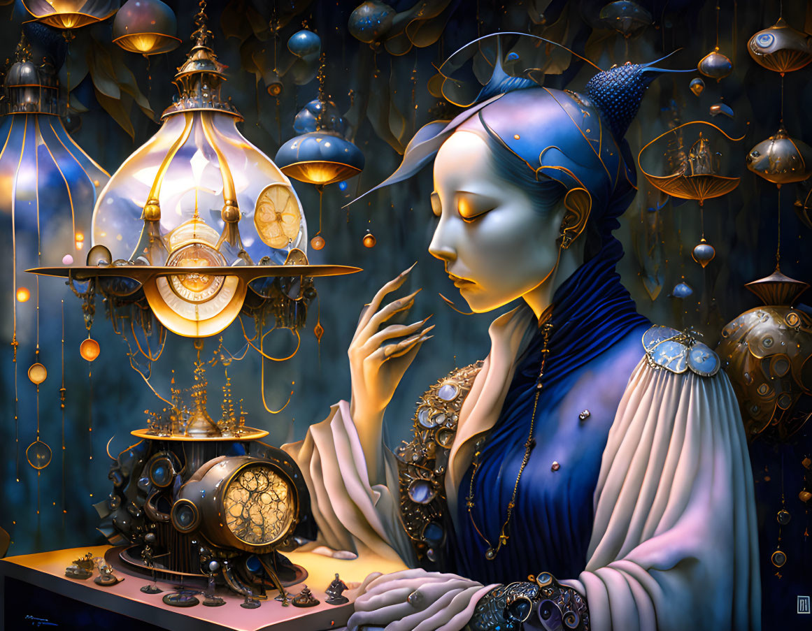 Blue-skinned humanoid figure surrounded by golden mechanical ornaments and glowing orbs