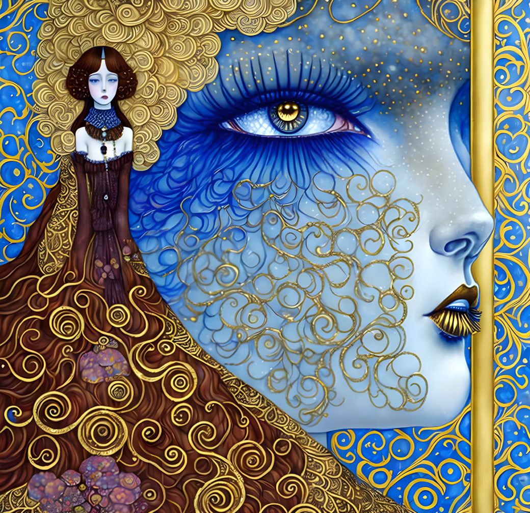 Stylized artwork of woman in detailed gown with blue eye and golden patterns