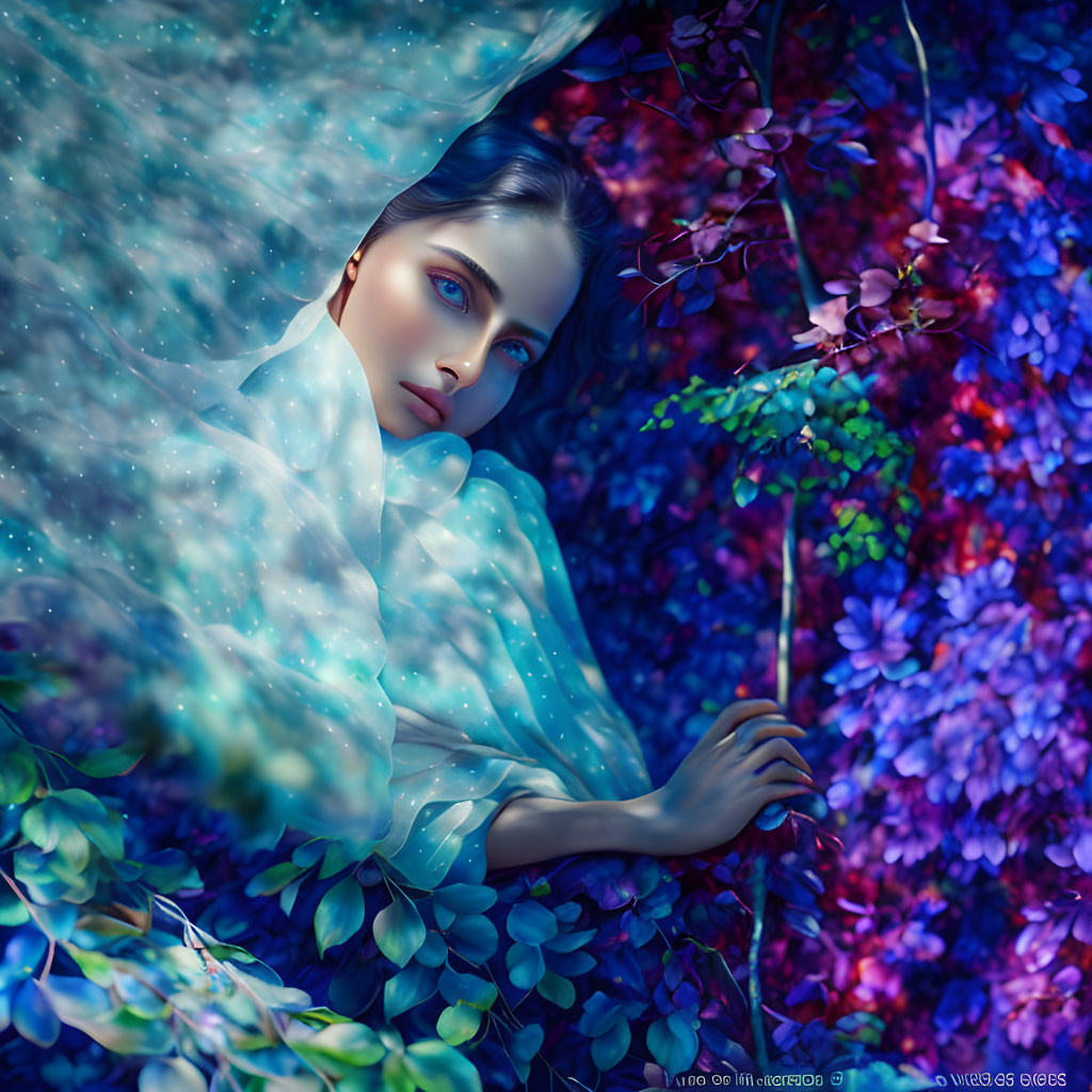 Woman in shimmering veil surrounded by colorful flowers and piercing blue eyes