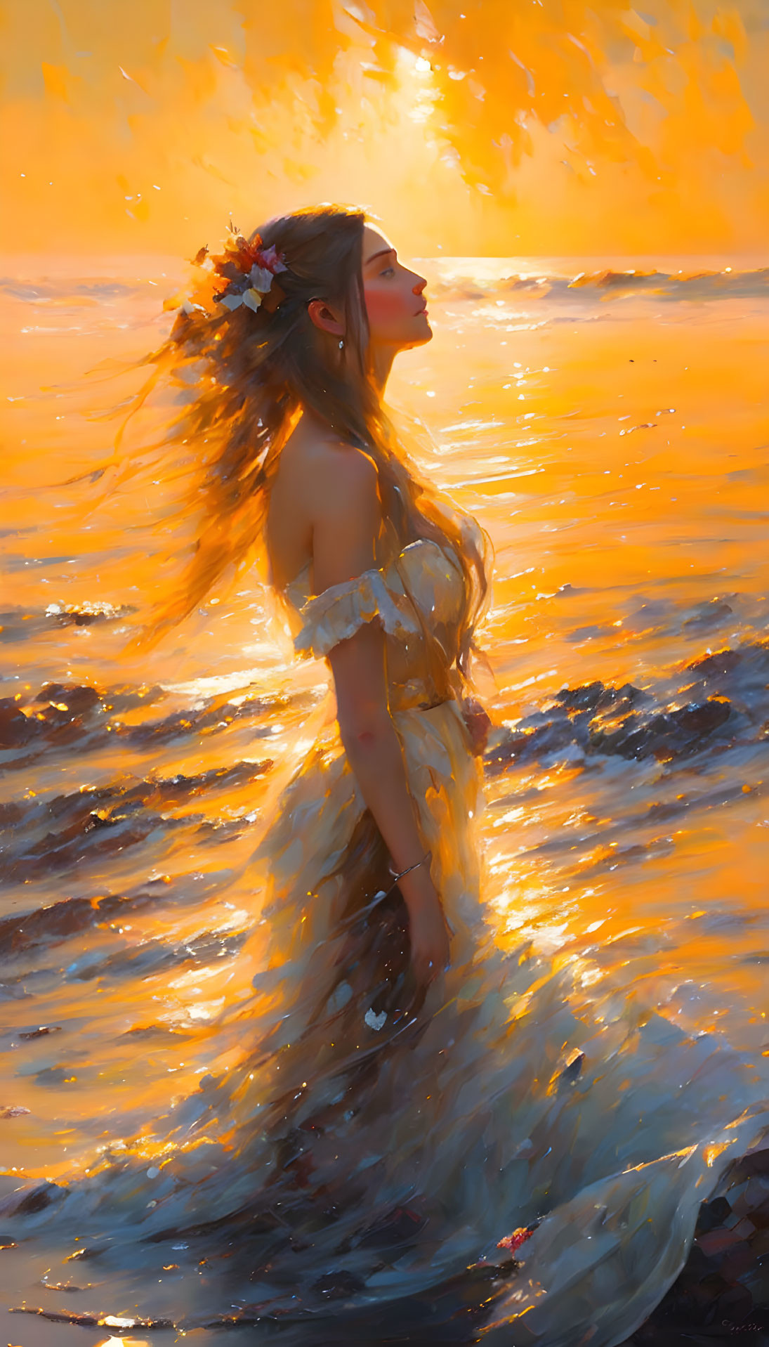 Woman in white dress standing in sea at sunset with flowing hair and dress.