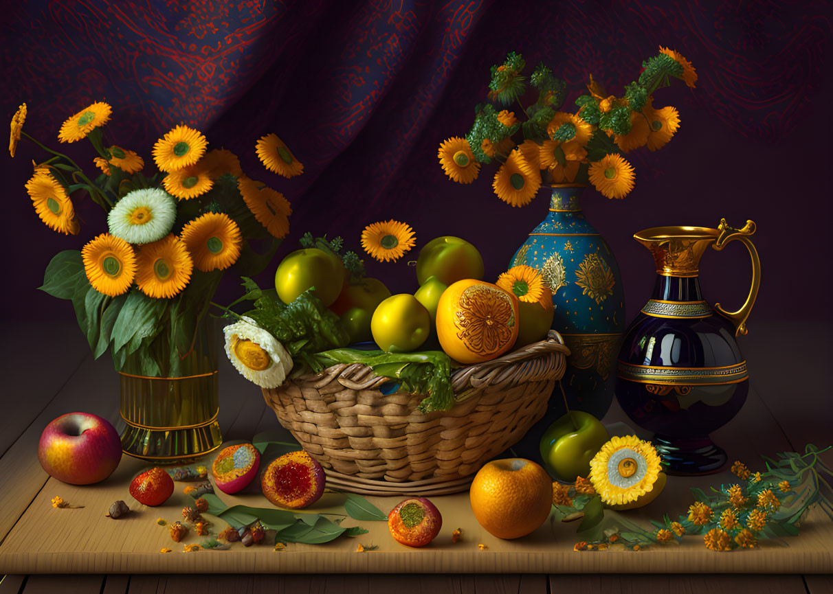 Vibrant still life with sunflowers, fruits, vases on wooden table