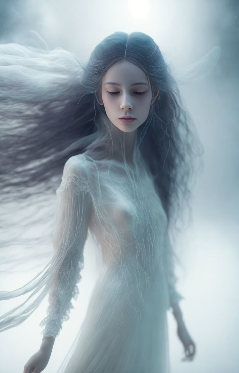 Woman with long flowing hair in misty setting wearing delicate white dress