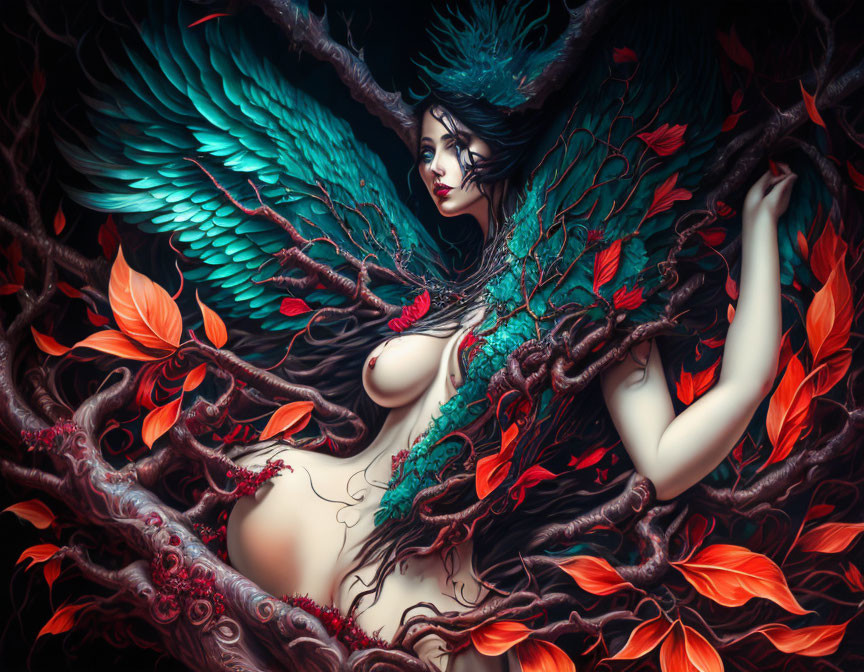 Vibrant teal-winged female figure in dark branches with red leaves