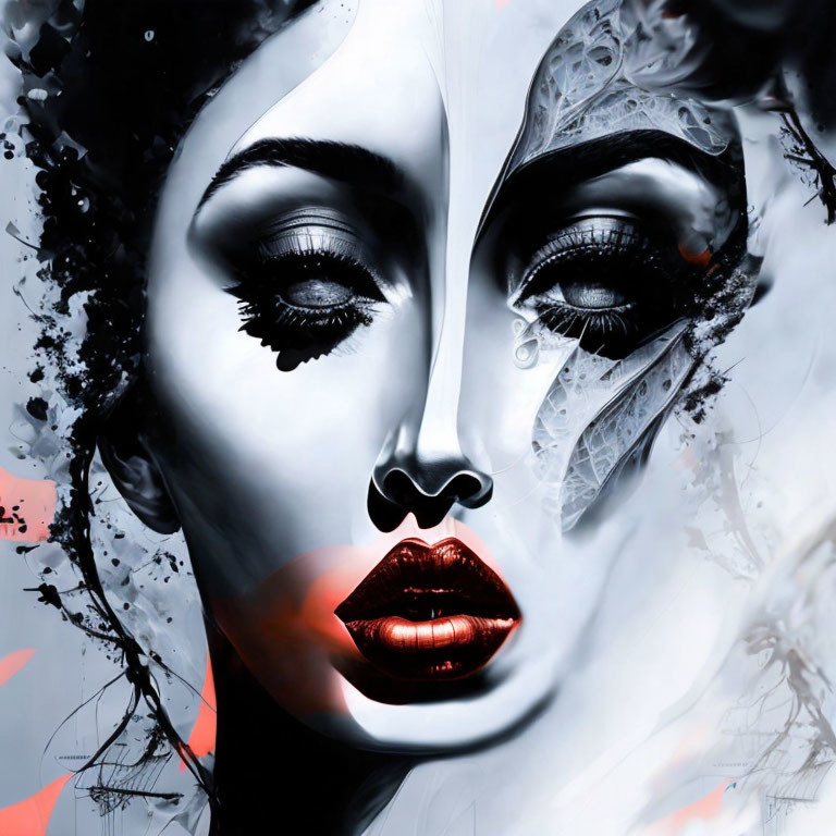 Digital artwork of woman's face with dual black and white aesthetic, red lips, black and red spl