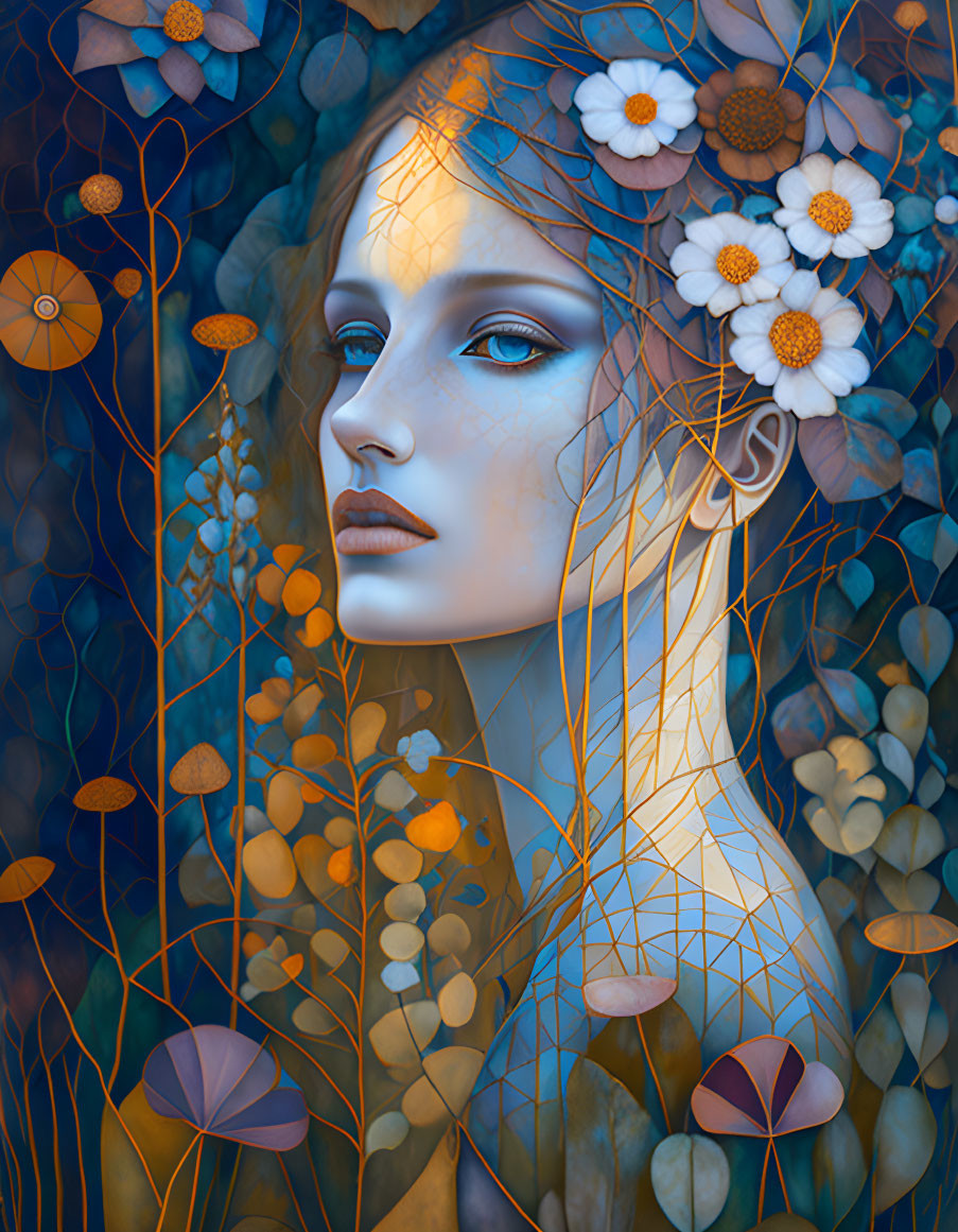 Blue-skinned woman in floral and geometric fantasy scene