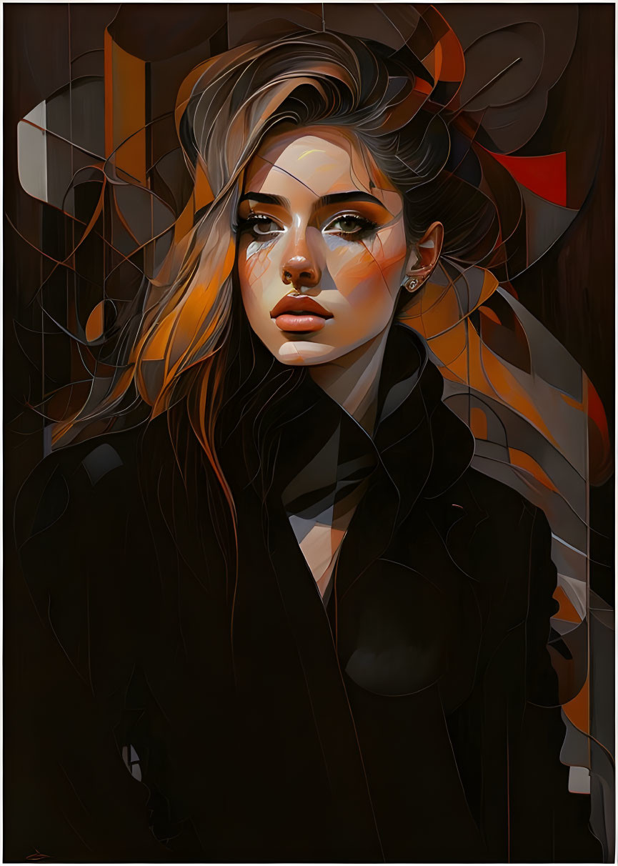 Woman with Flowing Hair and Black Jacket in Warm and Cool Tones