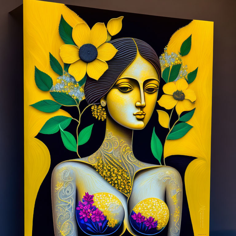 Stylized woman with sunflowers on yellow background & intricate patterns