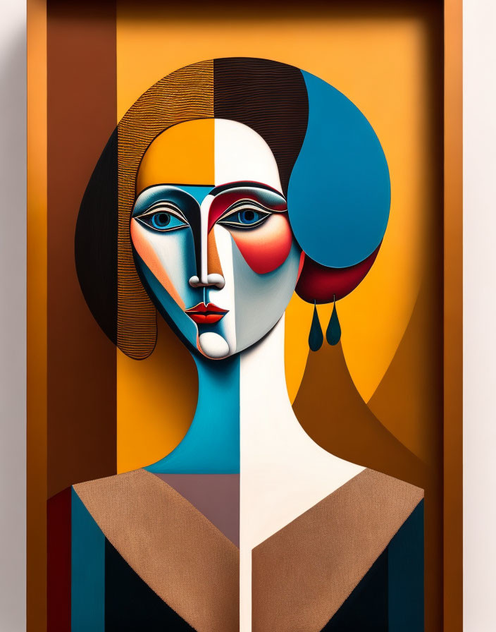 Dual-Faced Abstract Portrait with Geometric Shapes and Contrasting Colors