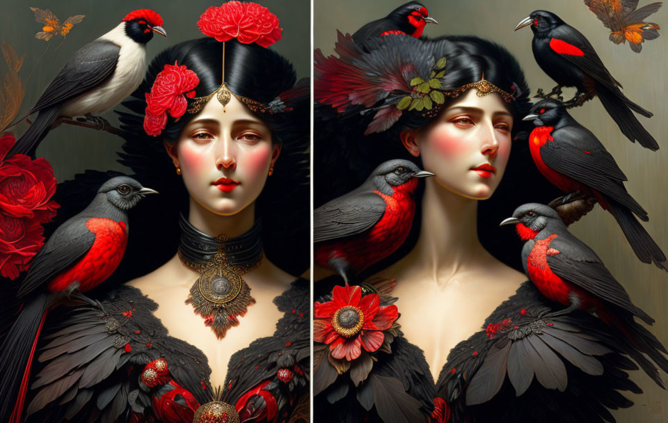 Porcelain-skinned woman with red flowers and birds on dark background