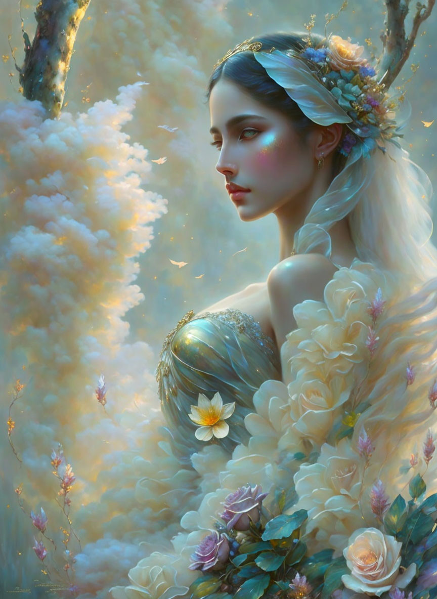 Ethereal woman with floral hair in serene cloudscape