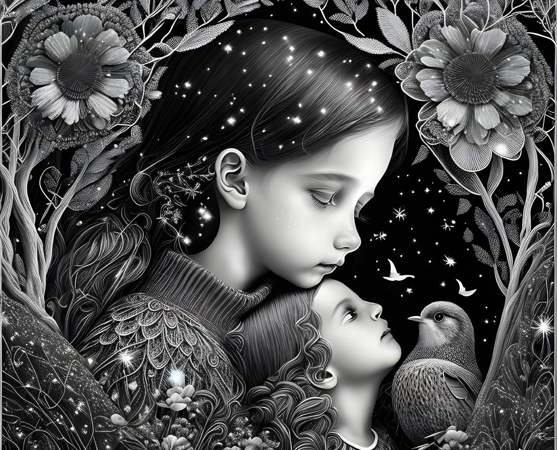 Monochrome illustration of two girls with floral and bird motifs