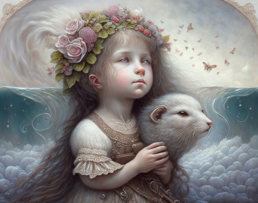 Young girl with floral crown holding a ferret in dreamy scene