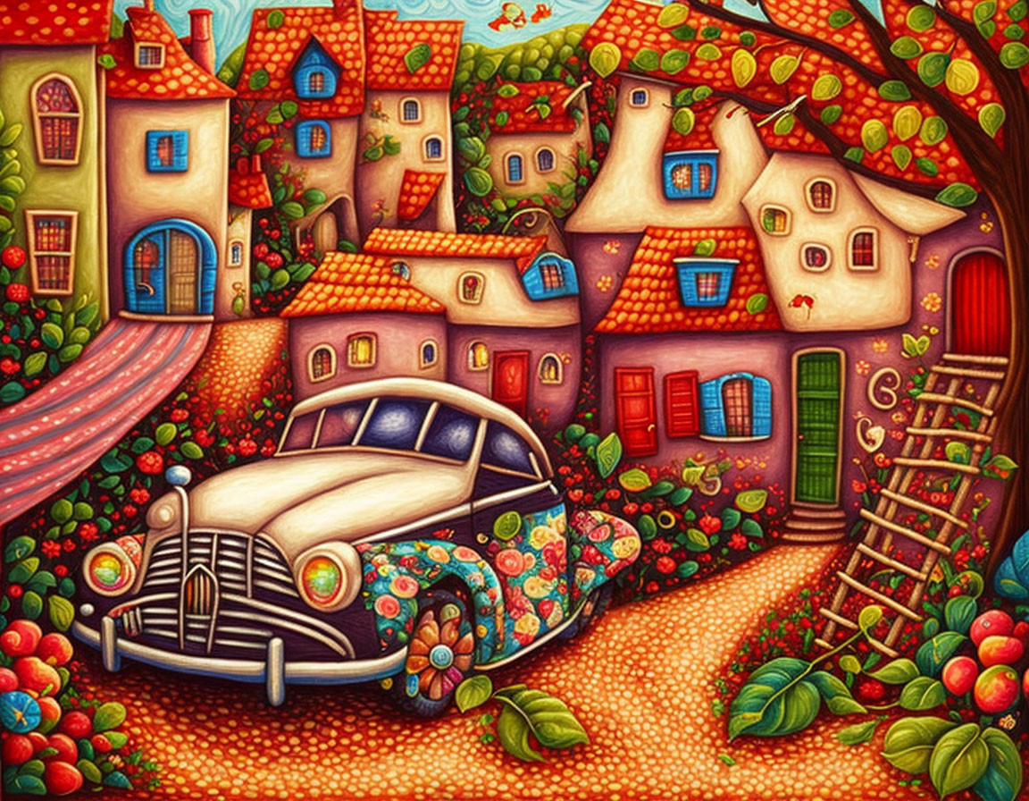 Colorful Village Painting with Stylized Houses and Classic Car