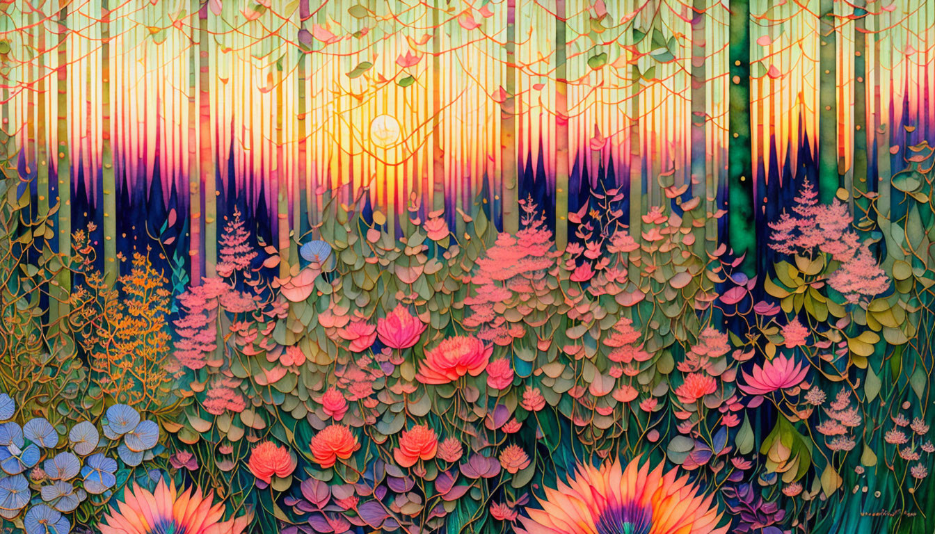 Colorful Flower Garden Sunset Sky with Geometric Lines