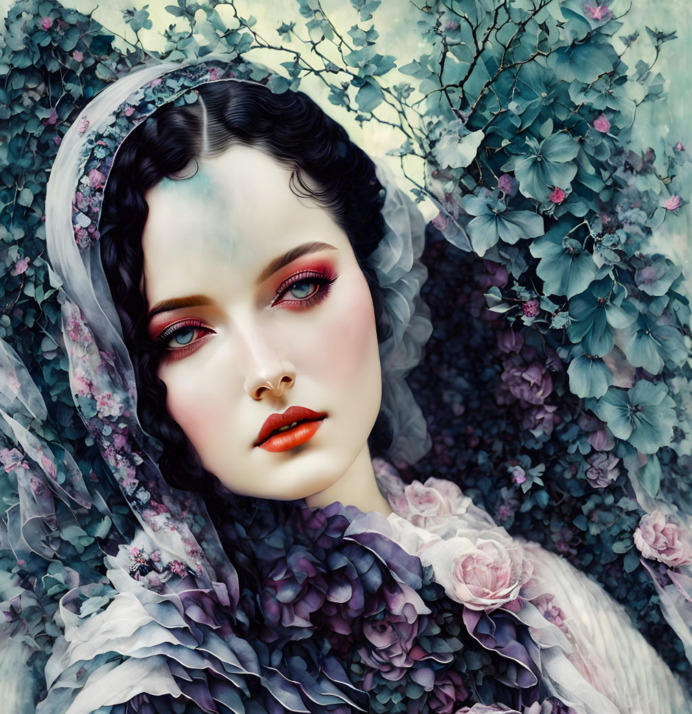 Surreal portrait of woman with red makeup and purple-blue floral surroundings