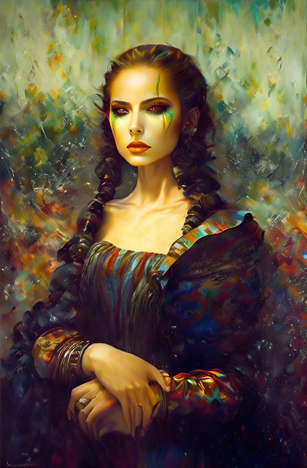 Colorful Abstract Portrait of a Woman with Braided Hair and Vibrant Makeup