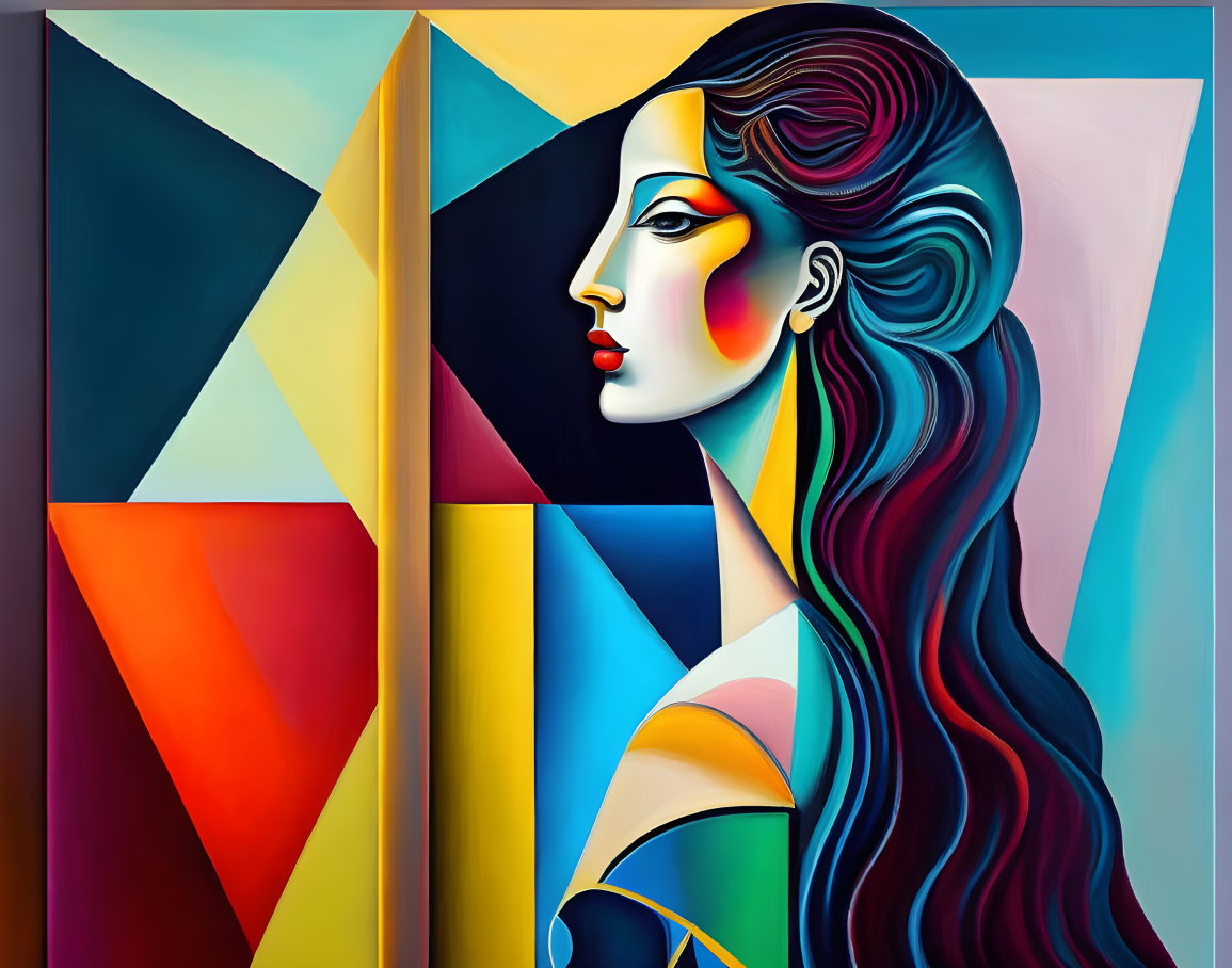 Colorful Abstract Portrait with Geometric Background and Flowing Hair