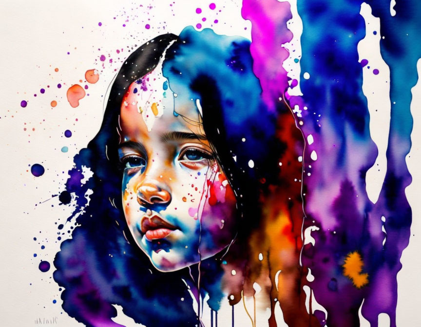 Colorful Watercolor Painting of Young Girl with Dripping Paint