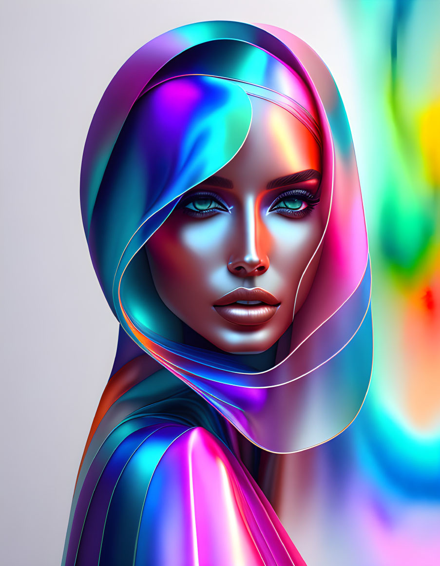 Digital Artwork: Woman with Vibrant Blue Eyes and Glossy Lips in Reflective Multi-Colored