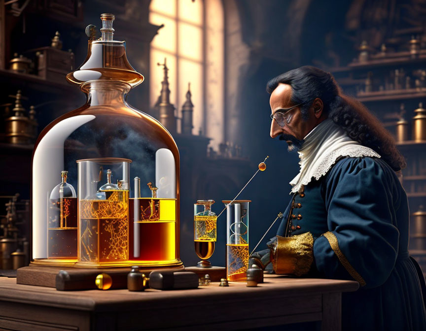 Historical figure studying vial among colorful potions in library setting