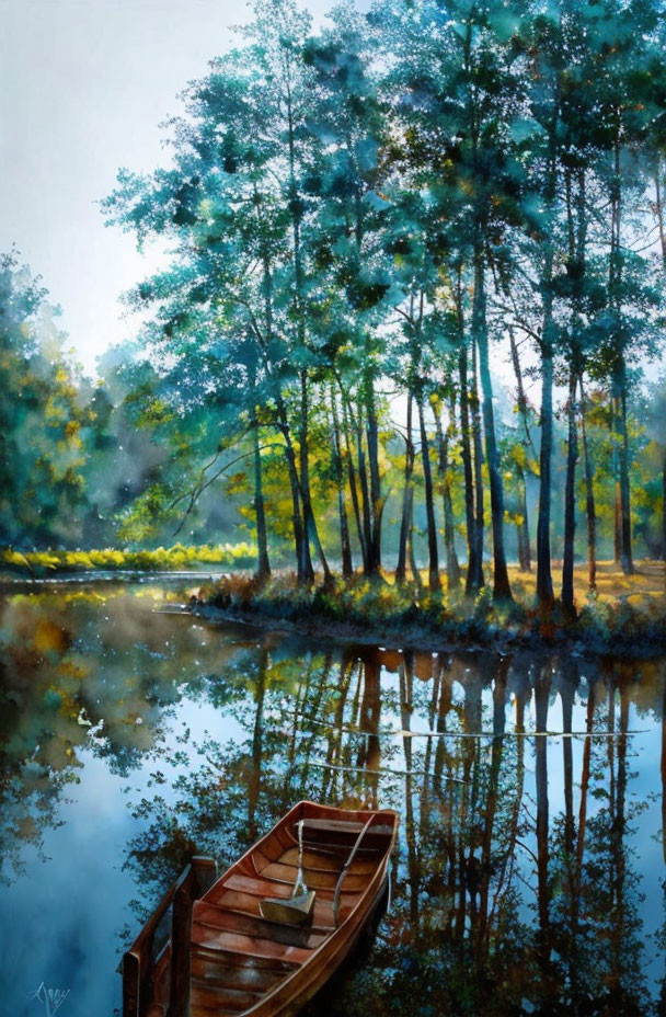 Tranquil forest scene with wooden boat on calm water at dawn or dusk