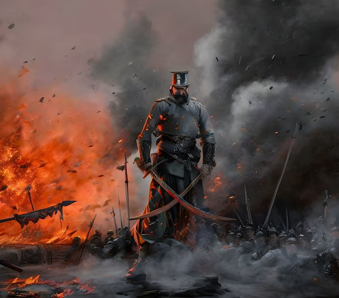 Stoic warrior in armor on flaming battlefield with fallen soldiers