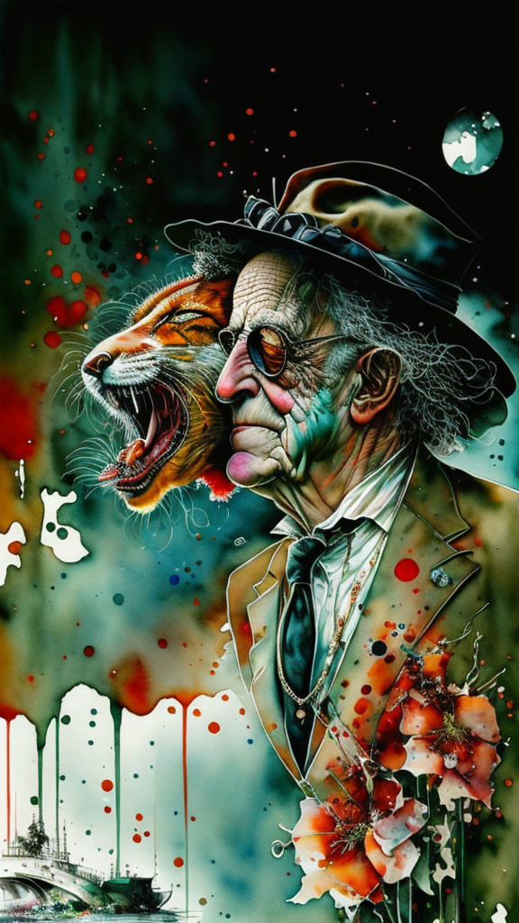 Surreal artwork: man with lion's mouth, red splatters, floating bubbles, ghostly