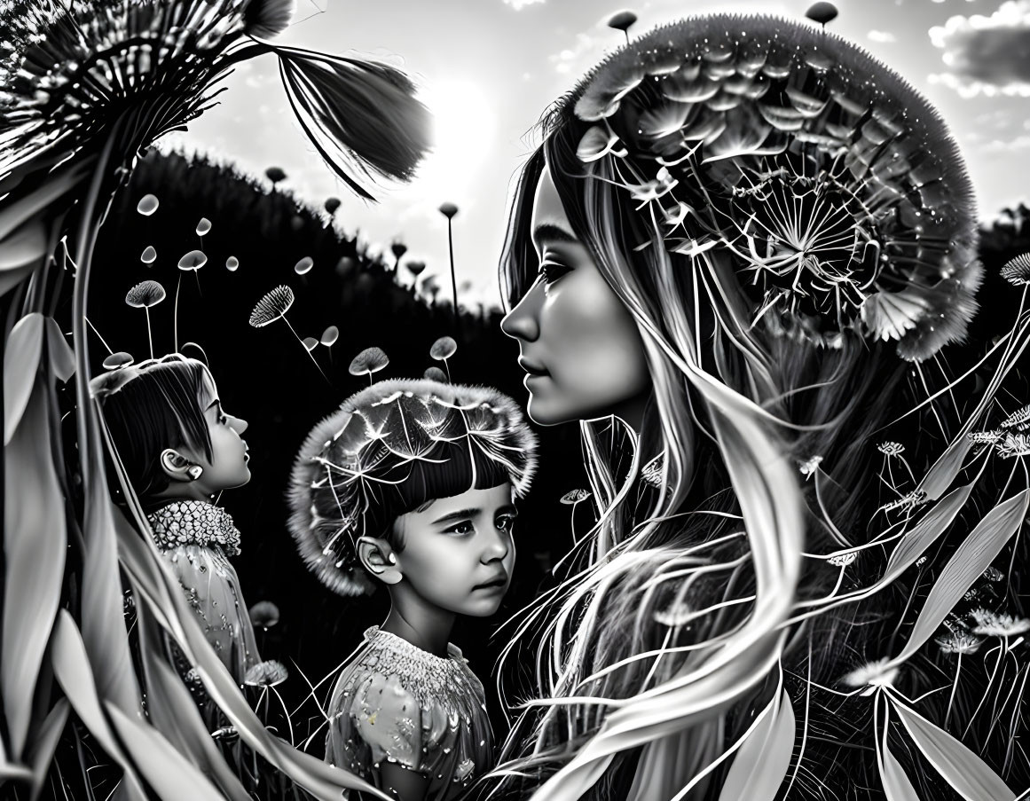 Monochrome illustration of ethereal females with dandelion motifs in hair in a field.