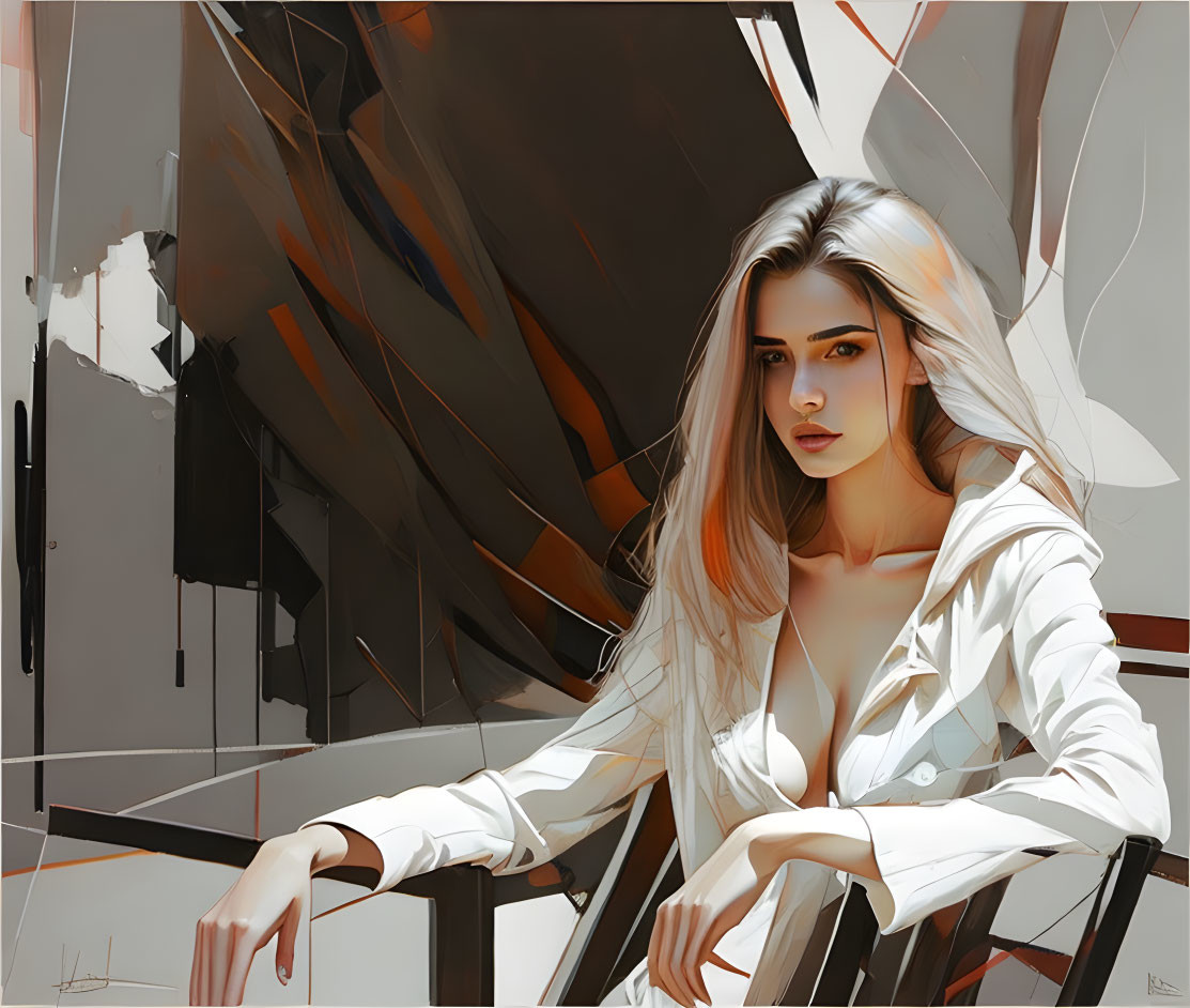 Stylized digital painting of woman with long hair in white shirt