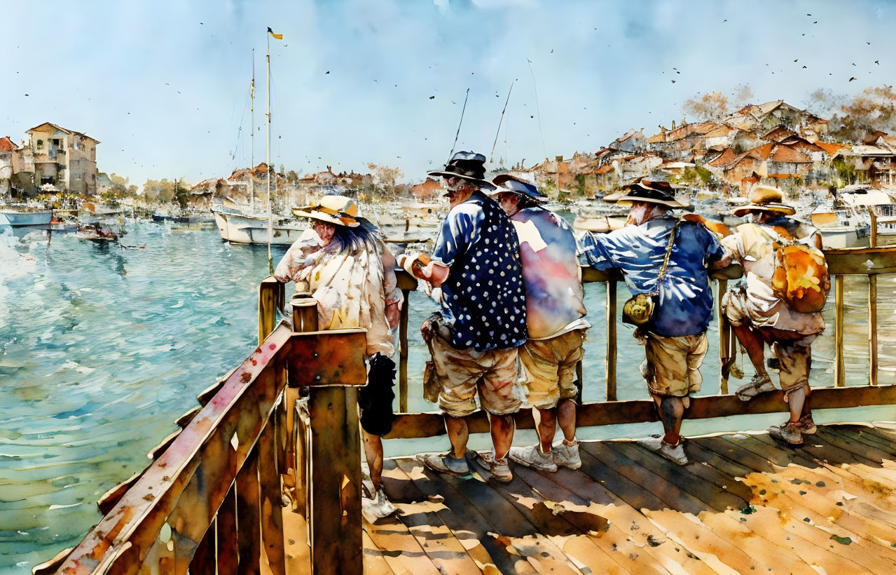 Five people fishing on a sunny dock with boats in watercolor.