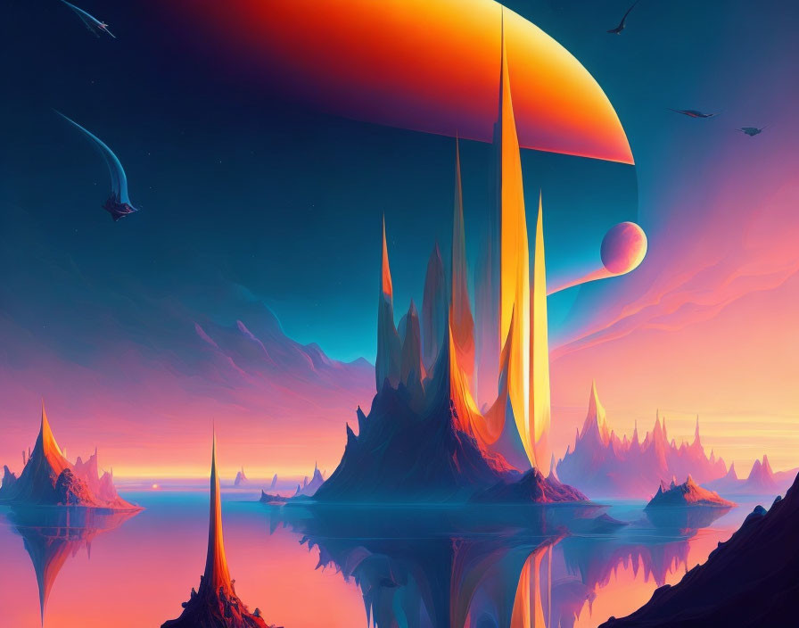 Futuristic sci-fi landscape with ringed planet and celestial bodies