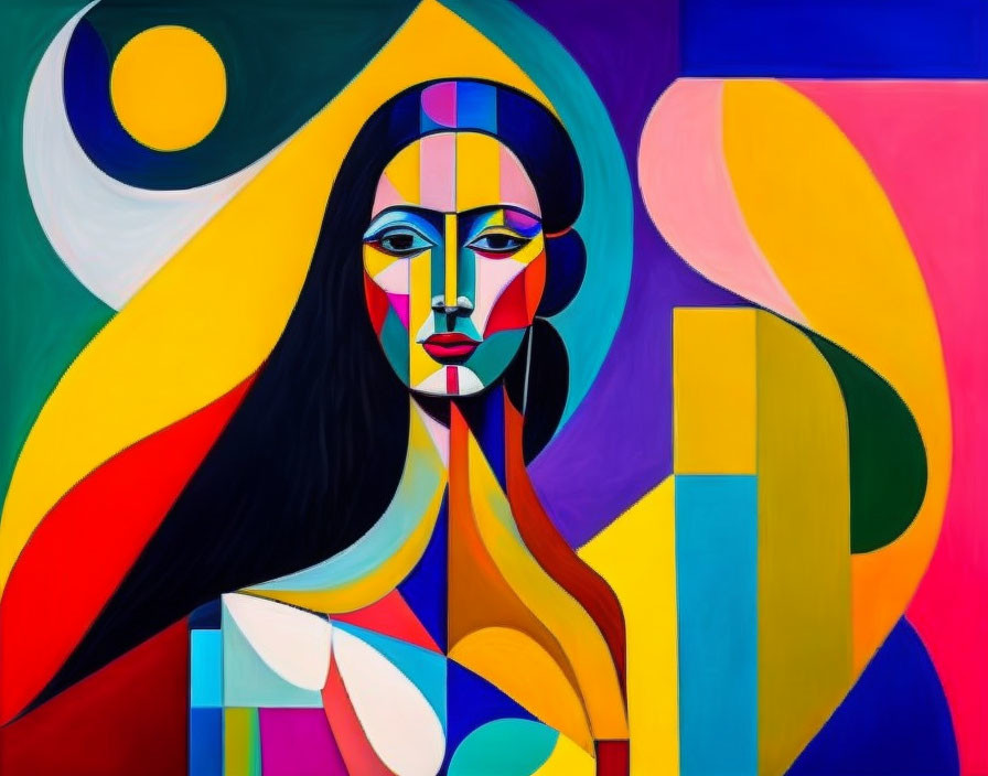 Colorful Abstract Painting of Stylized Female Figure with Geometric Shapes and Moon