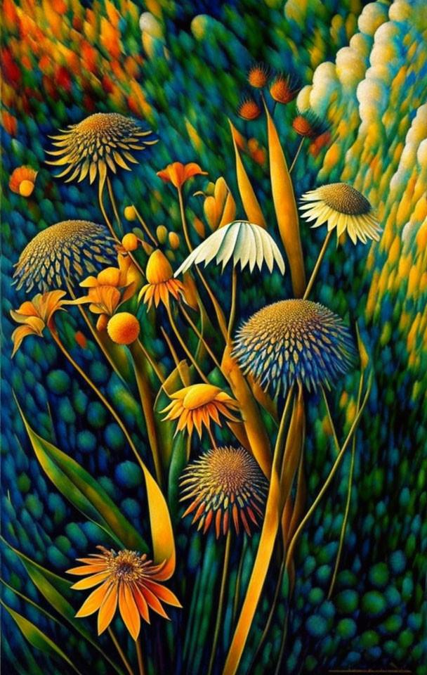 Colorful Stylized Coneflowers in Bloom with Greenery and Abstract Patterns